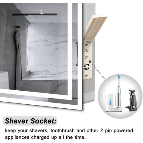 LED Bathroom Mirror with Shaver Socket Anti Fog Dimmable 3 Light Colour Touch Sensor/Wall Switch Horizontal Vertical, 700x500mm Type B