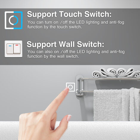 LED Bathroom Mirror with Shaver Socket Anti Fog Dimmable 3 Light Colour Touch Sensor/Wall Switch Horizontal Vertical, 700x500mm Type B
