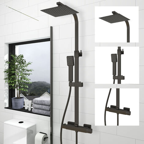 Acezanble Bathroom Square Black Exposed Valve Thermostatic Mixer Shower Set Twin Head