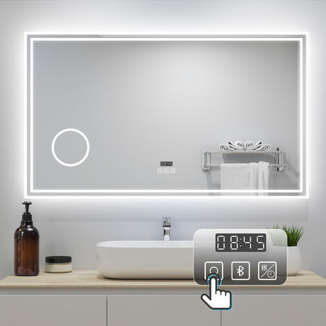 LED Bathroom Mirror with LED Lights and Demister Touch Sensor Wall Mounted - 1200x700mm Bluetooth+Magnify+Clock+Dimmable 3 Light Colour
