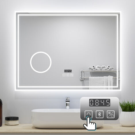 LED Bathroom Mirror with LED Lights and Demister Touch Sensor Wall Mounted - 800x600mm Bluetooth+Magnify+Clock+Dimmable 3 Light Colour
