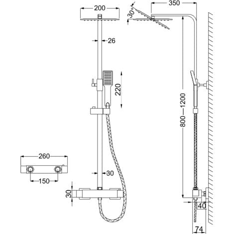 AICA Bathroom Thermostatic Mixer Shower Set Square Black Twin Head Exposed Valve 200mm large Black Square