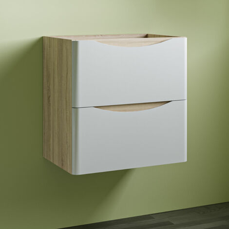 Wall Mounted Modern Bathroom Vanity Unit without Basin Flat Pack 2 Drawers - 495mm Matt White + Oak