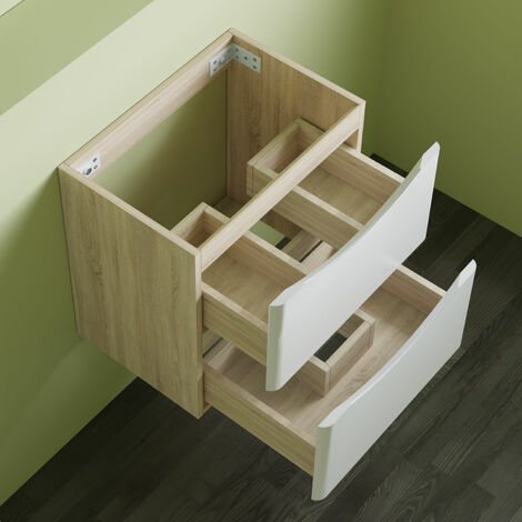 Wall Mounted Modern Bathroom Vanity Unit without Basin Flat Pack 2 Drawers - 495mm Matt White + Oak