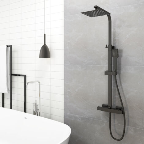 AICA Bathroom Thermostatic Mixer Shower Set Twin Head Exposed Valve 200mm Black Square