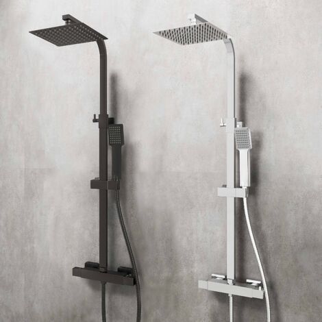 AICA Bathroom Thermostatic Rainfall Exposed Shower Mixer Valve Twin Head Square Set Black (1/5)