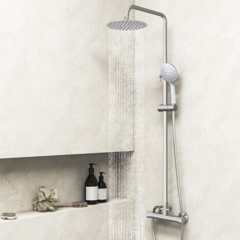 AICA Bathroom Exposed Thermostatic Shower Mixer Twin Head Round Bar Set Chrome