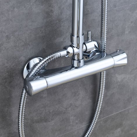 AICA Bathroom Exposed Thermostatic Shower Mixer Twin Head Round Bar Set Chrome