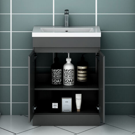 500MM Anthracite High gloss MDF Vanity unit, Soft closing, Disassembly, Double door, Freestanding + 200A Thick White Small size Ceramic basin