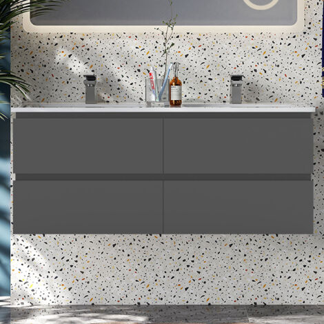 1200MM Anthracite MDF material High Gloss Vanity UnitгмWall Mountedгм4 Double-DrawerгмDetachableгмSoft closed + White Thin Ceramic Basin (1/5)