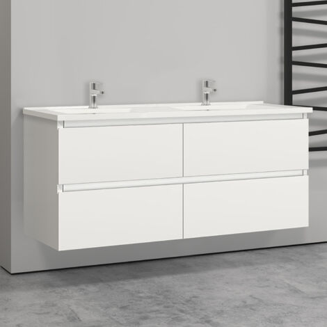 1200MM White MDF material High Gloss Vanity UnitгмWall Mountedгм4 Double-DrawerгмDetachableгмSoft closed + White Thin Ceramic Basin (1/5)