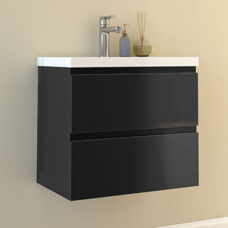 600MM Anthracite Glossy Vanity UnitгмWall MountedгмDetachableгмSoft CloseгмTwo-Drawer + Large Size Write Thick Ceramic Basin