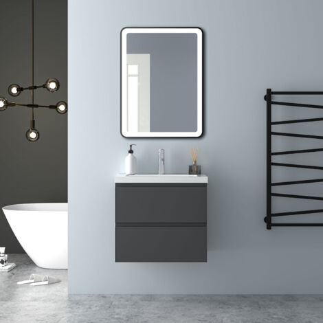 600MM Anthracite Glossy Vanity UnitгмWall MountedгмDetachableгмSoft CloseгмTwo-Drawer + Large Size Write Artificial Stone Basin