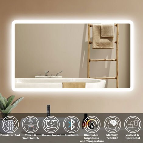 1000X600 Rectangular Bathroom Mirror with 3 Colours Dimmable LED Lights,Wall Mounted,IP44 + Double bond Bluetooth + Shaver socket + Demister + Blackout memory