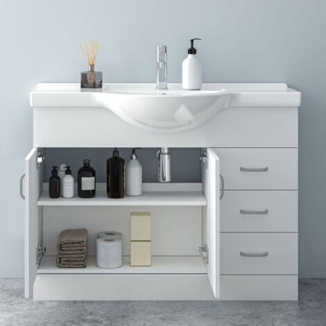 1030340 High Gloss White MDF Vanity UnitгмFreestandingгмDetachableгмSoft CloseгмThree Drawerгм Dual-door