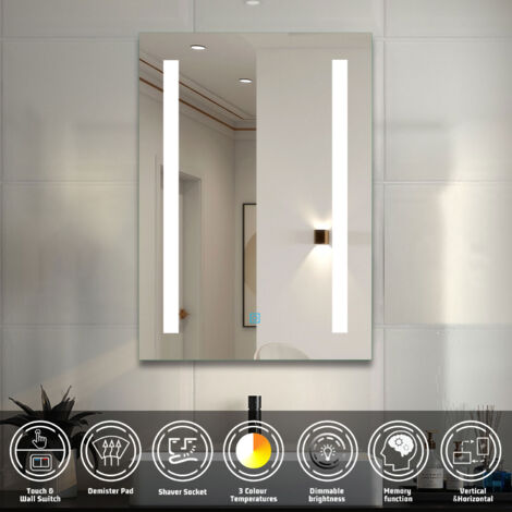 Aica Sanitaire – Rectangle LED mirror 600x800mm with shaver socket – Dimmable 3 LED colors – Anti-fog technology – Touch and wall switch control (1/5)