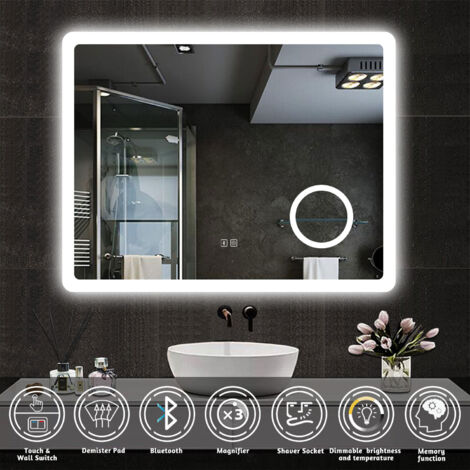 AICA Bathroom Mirror Rectangular with 3 Colors Dimmable LED Lights,Anti-fog,Shaver Socket,Bluetooth, Magnifier,Memory function,Wall Mounted,2 Control Switch,IP44,900700MM (1/5)