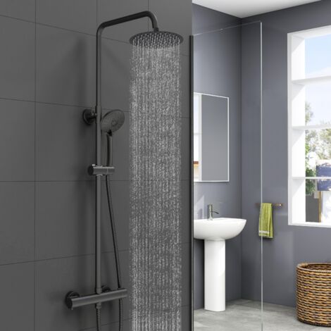 AICA Matte Black Mixer Shower Exposed Valve Themostatic Round Bar Set