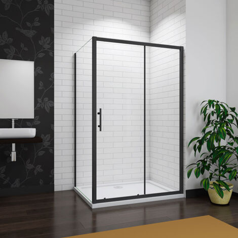 Aica 1100x800x1850mm Matt Black Frame Sliding Shower Enclosure with Shower Tray Waste