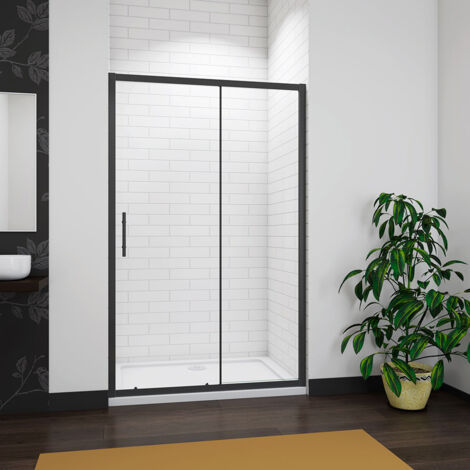 Aica 1100x1850mm Matt Black Frame Sliding Shower Door with 1100x900mm Shower Tray Waste