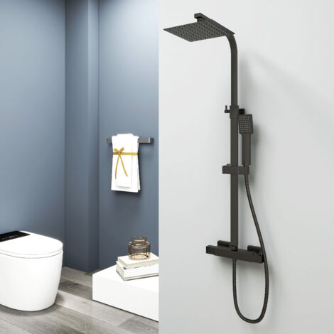Aica Sanitaire – AICA thermostatic exposed valve twin head mixer shower set – Solid brass construction – Matte black finish – 200mm drencher head – Adjustable riser rail (1/5)