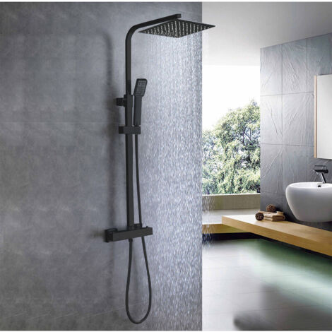 AICA Thermostatic Exposed Shower Mixer Bathroom Twin Head Large Square Bar Set Black