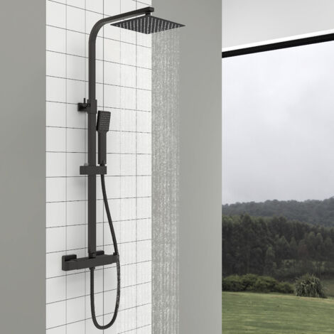 Aica Sanitaire – AICA thermostatic exposed shower mixer – Solid brass valve – Matte black finish – 200mm drencher head – Dual handle controls (1/5)