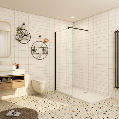 Aica Frameless Black Walk In Shower Screen 760mm with 1000x760mm Tray Waste (1/5)