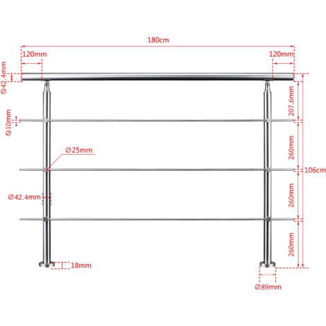 Aica 180x106cm Stainless Steel Handrail with 3 Cross bars Balustrade Stair Grab Rail suitable for Outdoor and Indoor