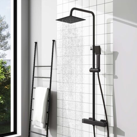 AICA Matte Black Square Thermostatic Shower Mixer Kit Twin Head Exposed Valve