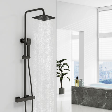 AICA Black Bathroom Thermostatic Exposed Shower Mixer Twin Head Large Round Bar Set (1/5)