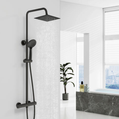 Aica Sanitaire – AICA square thermostatic exposed shower mixer twin head set – 8-inch rain showerhead – Solid brass valve – Adjustable handset holder – Matt black (1/5)