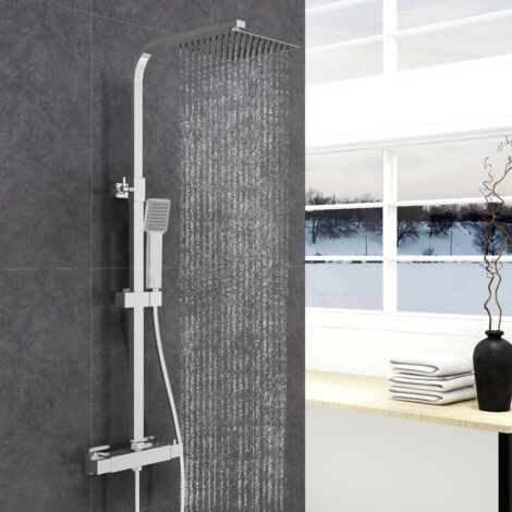 AICA Bathroom Thermostatic Shower Mixer Square Chrome Cool Touch Exposed Twin Head Set (1/5)