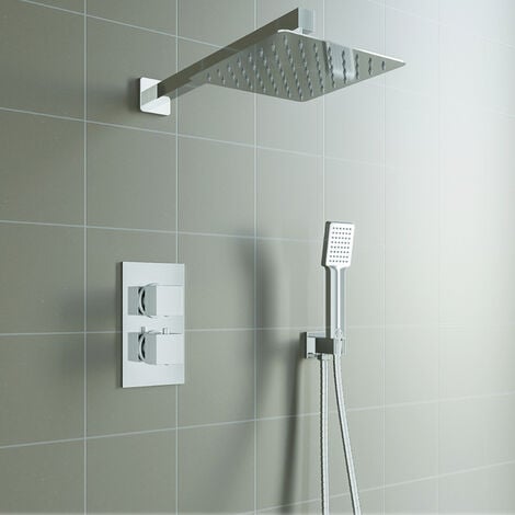 AICA Square Chrome Thermostatic Shower Mixer Bathroom Concealed Twin Head Valve Set