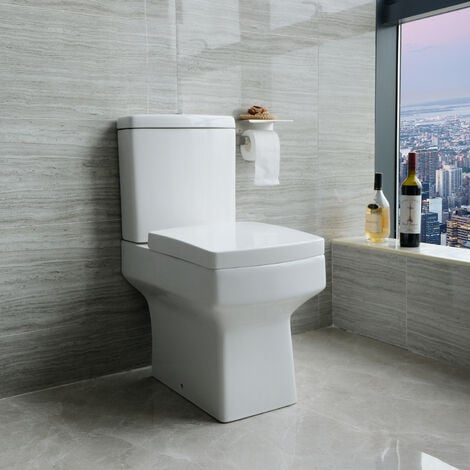 Close Coupled Square Toilet Soft Close Seat Ceramic White WC Bathroom