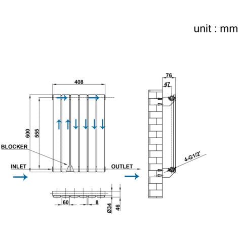 AICA Flat Panel Radiator Designer Central Heating Horizontal 600x408mm Single Anthracite