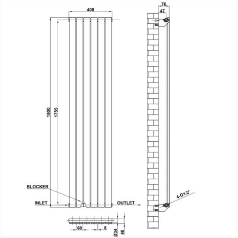 AICA Flat Panel Radiator Designer Central Heating Vertical 1800x408mm Single Anthracite