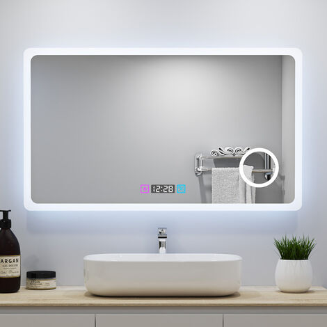 1200x700 LED Bathroom Mirror with Demister,3x Magnification,Clock,Dimmable Switch Colour Change