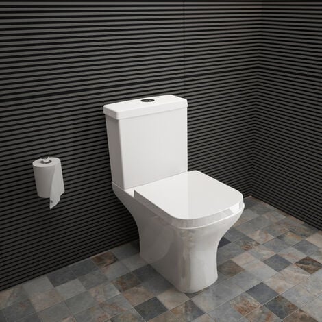 Close Coupled Toilet Square Soft Close Seat Short Projection Bathroom WC - White