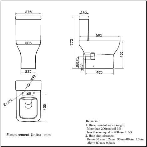 Close Coupled Toilet Square Soft Close Seat Short Projection Bathroom WC