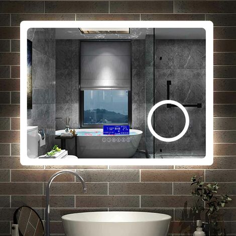 Rectangular Demister Bathroom Mirror with LED Lights,Wall Mounted,IP44 - 800x600 +Bluetooth+3 Colours+3xMagnifying+Demister