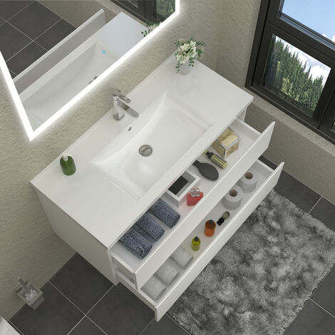 Bathroom Vanity Unit with Basin Storage Cabinets Flat Pack - 1000mm Matt White + Wall Hung