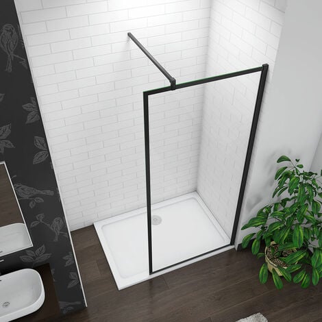 Aica 700x1950mm Black Frame Walk In Wetroom Shower Enclosure 8mm Nano Glass NANO Screen