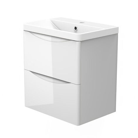 Wall Hung Bathroom Cabinet Vanity Sink Unit with Basin, 2 Drawers Flat Pack - 500mm Gloss White