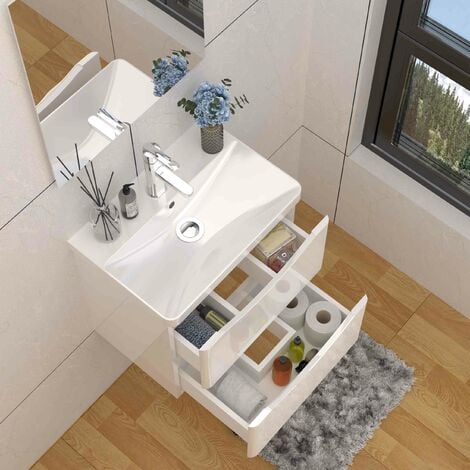 Wall Hung Bathroom Cabinet Vanity Sink Unit with Basin, 2 Drawers Flat Pack - 500mm Gloss White