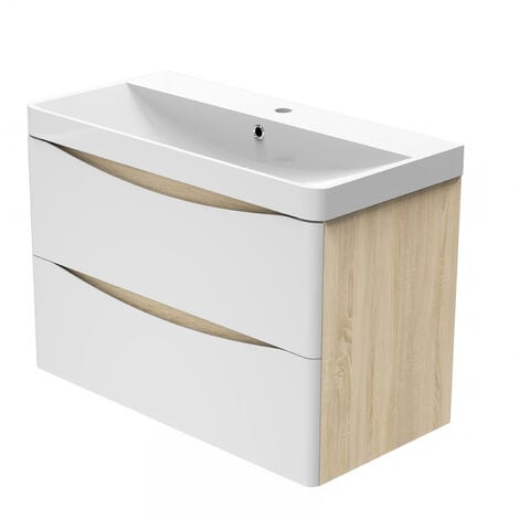 Wall Hung Bathroom Cabinet Vanity Sink Unit with Basin, 2 Drawers Flat Pack - 800mm Oak Body Matt White Drawer