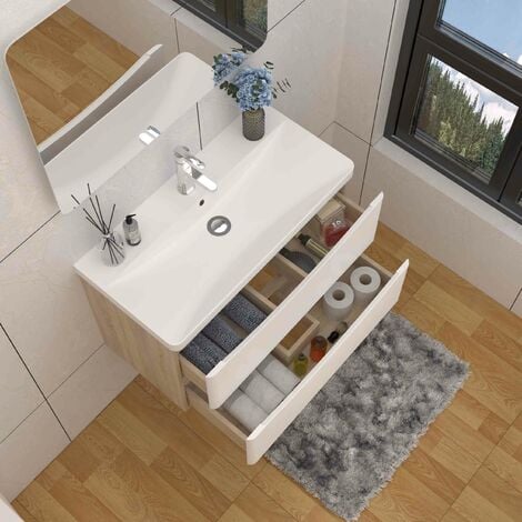 Wall Hung Bathroom Cabinet Vanity Sink Unit with Basin, 2 Drawers Flat Pack - 800mm Oak Body Matt White Drawer