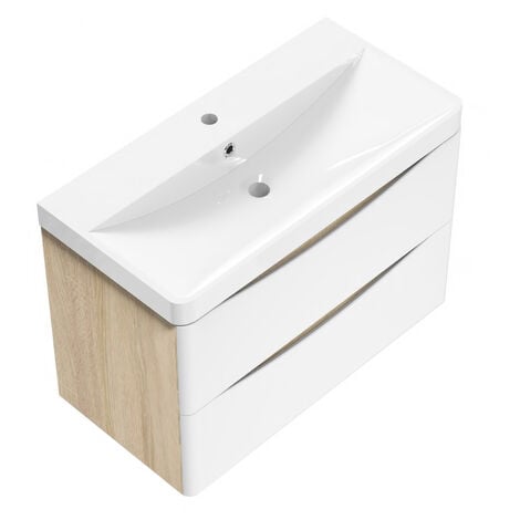 Wall Hung Bathroom Cabinet Vanity Sink Unit with Basin, 2 Drawers Flat Pack - 800mm Oak Body Matt White Drawer