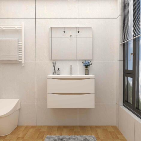 Wall Hung Bathroom Cabinet Vanity Sink Unit with Basin, 2 Drawers Flat Pack - 800mm Oak Body Matt White Drawer