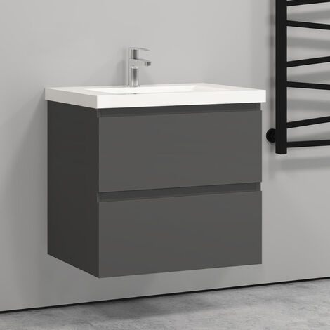 Bathroom Wall Mounted Vanity Unit Sink Cabinet, 2 Soft Close Drawers Flat Pack - 600mm Matt Grey